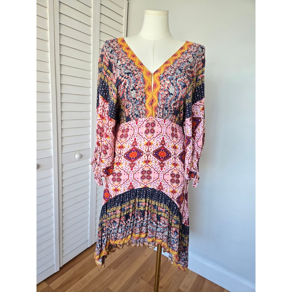 Umgee Pink Orange Boho Paisley Rayon Mini Dress Size M Flowy Festival Peasant